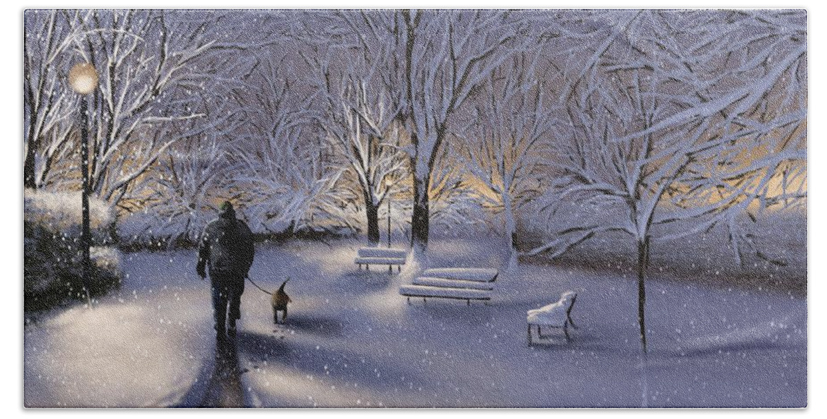 Snow Bath Towel featuring the painting Walking in the snow by Veronica Minozzi