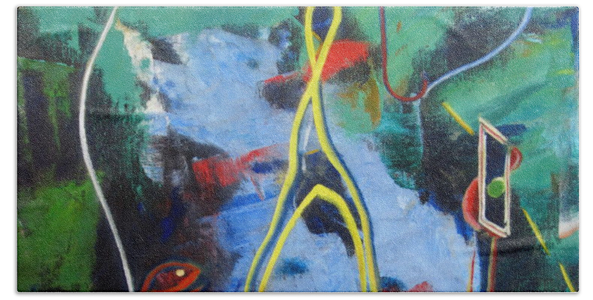 Abstract Hand Towel featuring the painting Walking Miro in Woodley Park by Patricia Cleasby