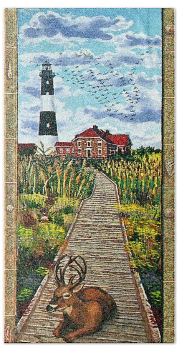 Fire Island Lighthouse Hand Towel featuring the painting Walkway to Fire Island Lighthouse by Bonnie Siracusa