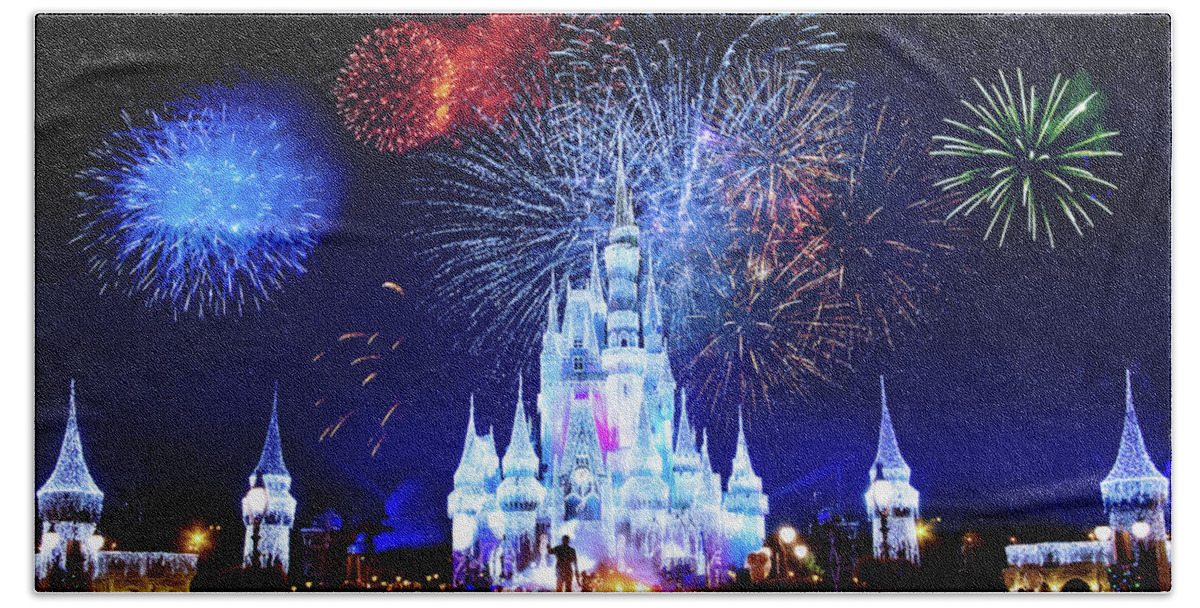 Magic Kingdom Hand Towel featuring the photograph Walt Disney World Fireworks by Mark Andrew Thomas