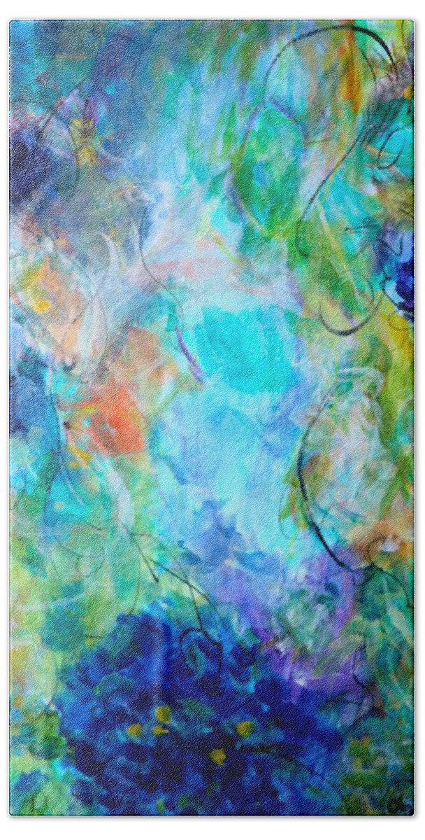 Abstract Florals Bath Towel featuring the mixed media Waltz of the Flowers by Christine Chin-Fook
