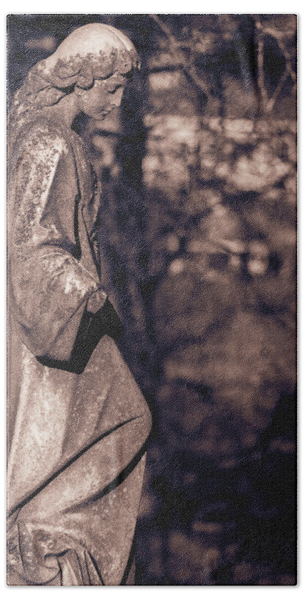 Cemetery Hand Towel featuring the photograph Wandering Lady of Myrtle Hill BW by James L Bartlett