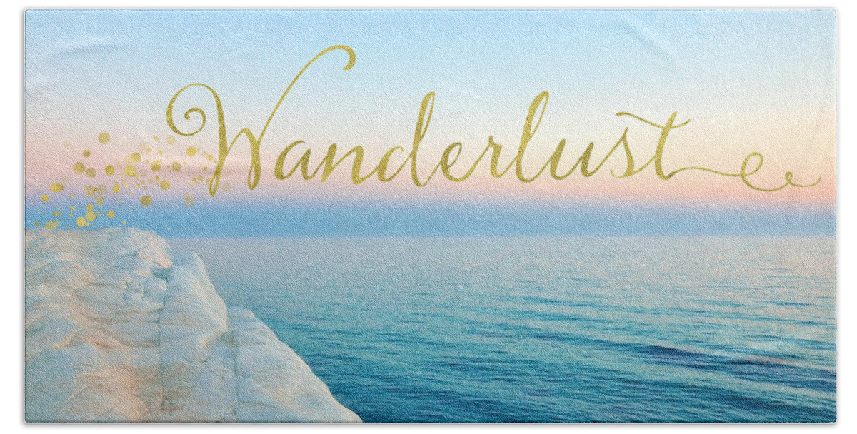 Wander Hand Towel featuring the mixed media Wanderlust, Santorini Greece ocean coastal sentiment art by Tina Lavoie