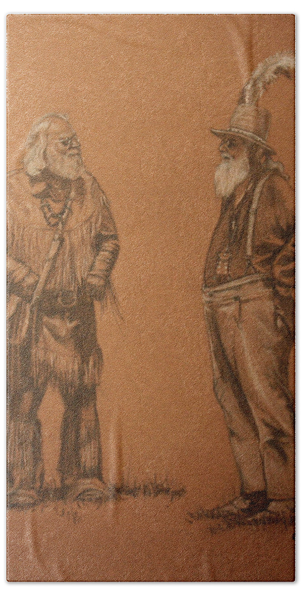 Mountain Men Bath Towel featuring the drawing Wanna Buy a Hat? by Todd Cooper