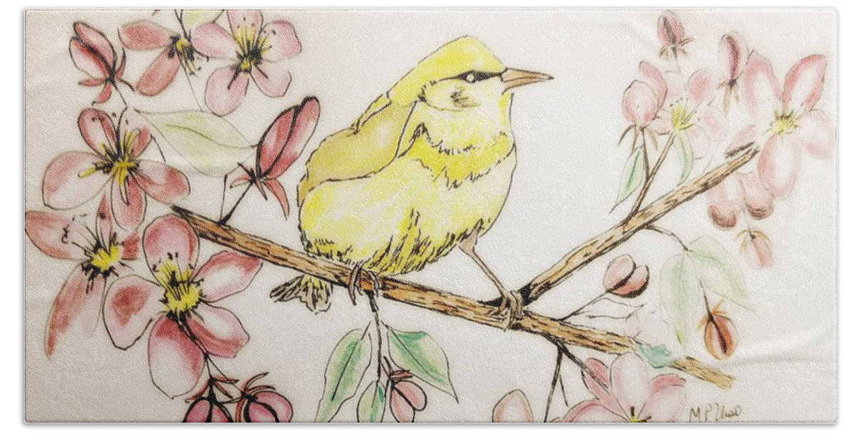 Warbler In Apple Blossoms Bath Towel featuring the mixed media Warbler in Apple Blossoms by Maria Urso