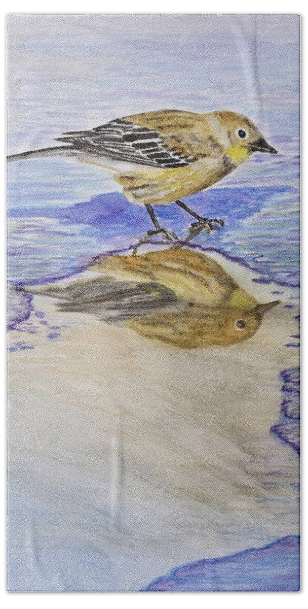 Linda Brody Bath Towel featuring the painting Warbler Reflection I Watercolor by Linda Brody