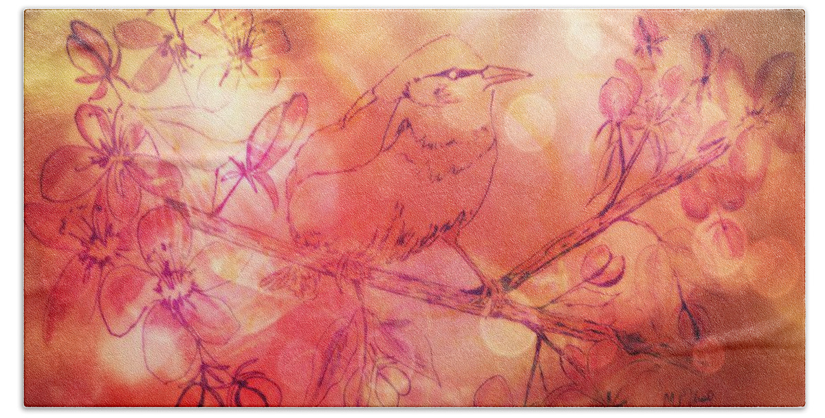 Warbler Sunset Bath Towel featuring the mixed media Warbler Sunset by Maria Urso