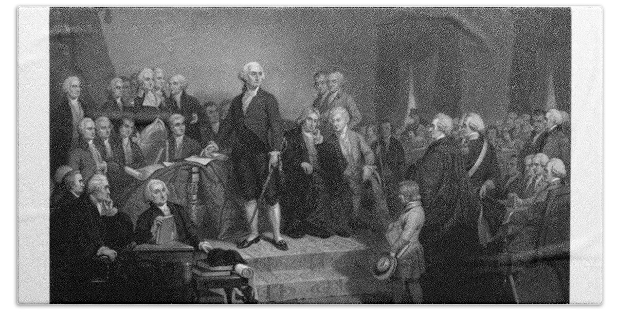George Washington Hand Towel featuring the drawing Washington Delivering His Inaugural Address by War Is Hell Store