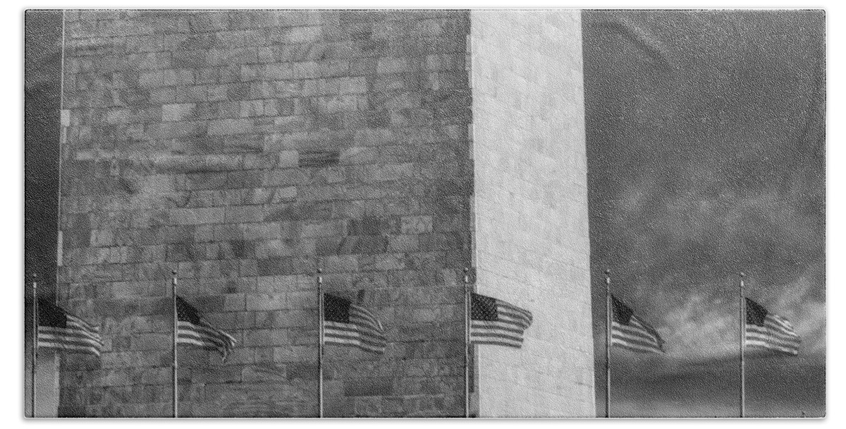 Washington Memorial Bath Towel featuring the photograph Washington Monument And USA Flags BW by Susan Candelario
