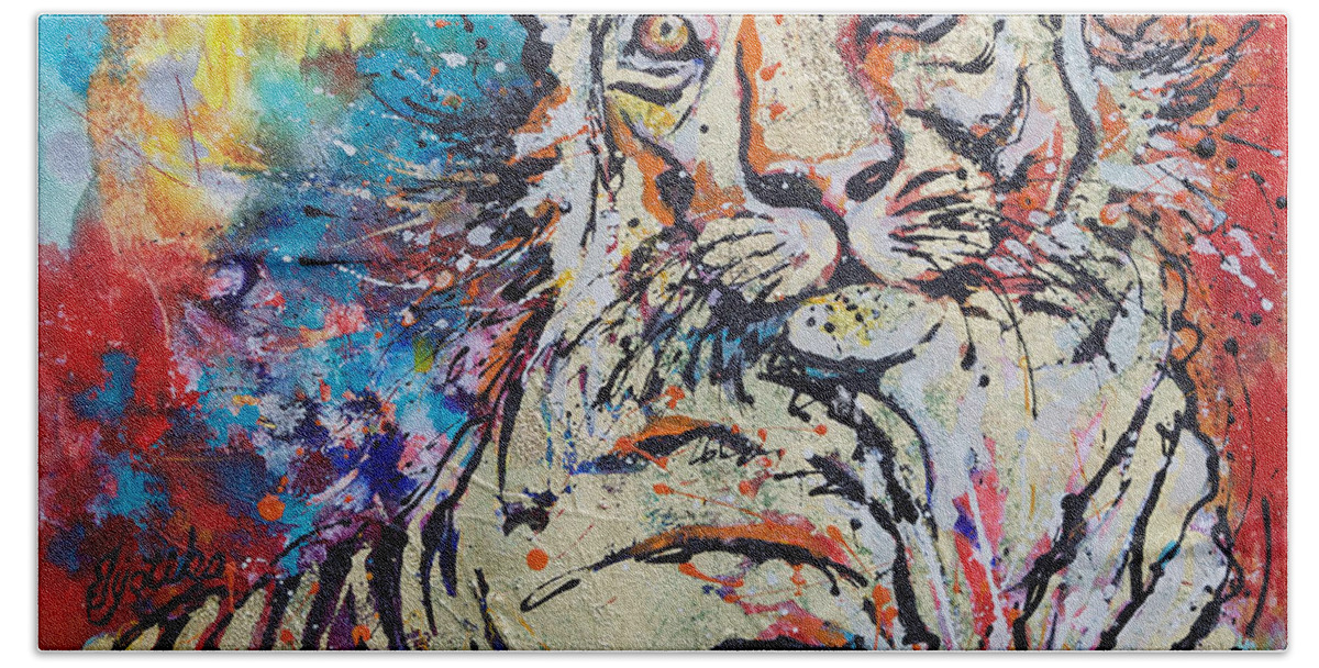 Tiger Bath Towel featuring the painting Watchful Tigeress by Jyotika Shroff