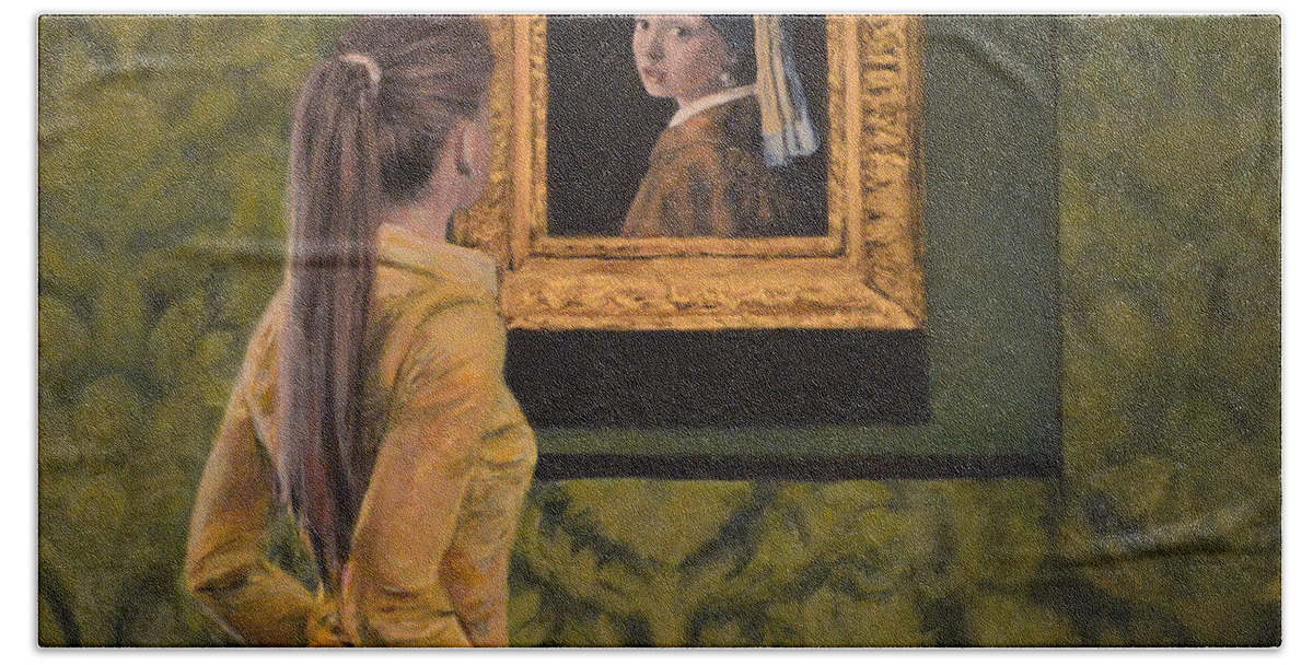 Watching Girl With The Pearl Earring By Dutch Master Artist Vermeer Hand Towel featuring the painting Watching girl with the pearl earring by Escha Van den bogerd