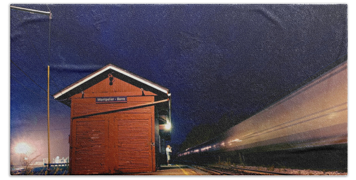 Darin Volpe Railroad Bath Towel featuring the photograph Watching the Night Train - Montpelier Junction Vermont by Darin Volpe
