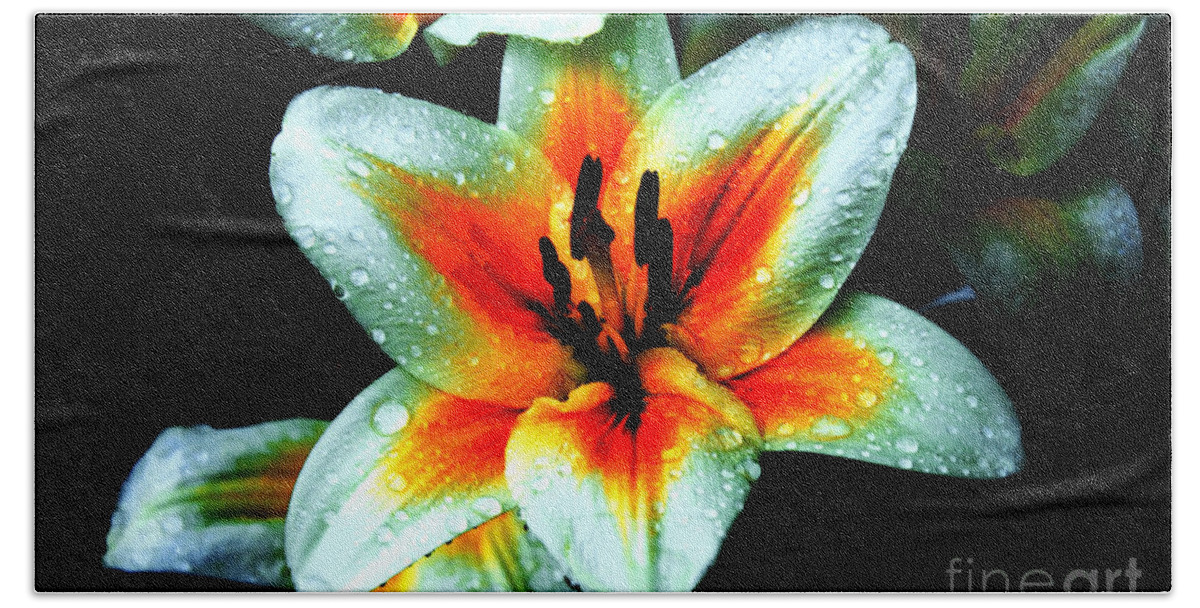 Lily Hand Towel featuring the photograph Water Droplet Covered White Lily by Andee Design