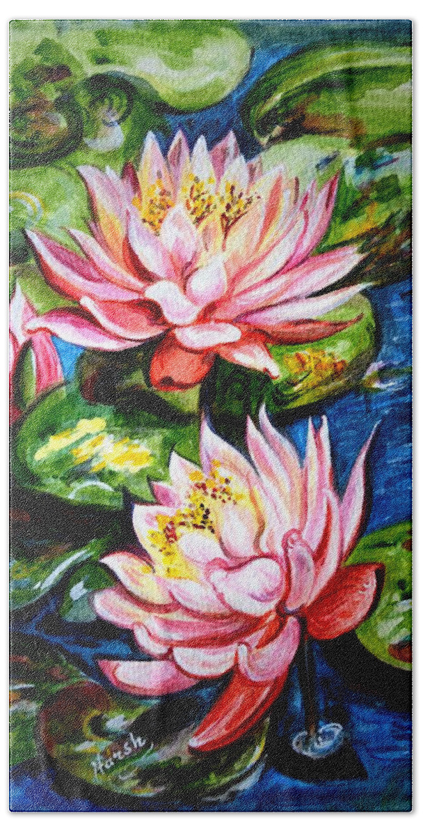 Water Lilies Hand Towel featuring the painting Water Lilies by Harsh Malik