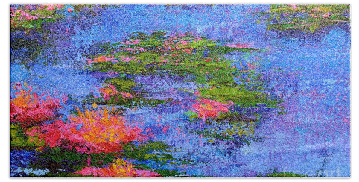 Water Lilies Acrylic Painting Inspired By Claude Monet Water Lilies Hand Towel featuring the painting Waterlilies Lily Pads - Modern Impressionist Landscape Palette Knife work by Patricia Awapara