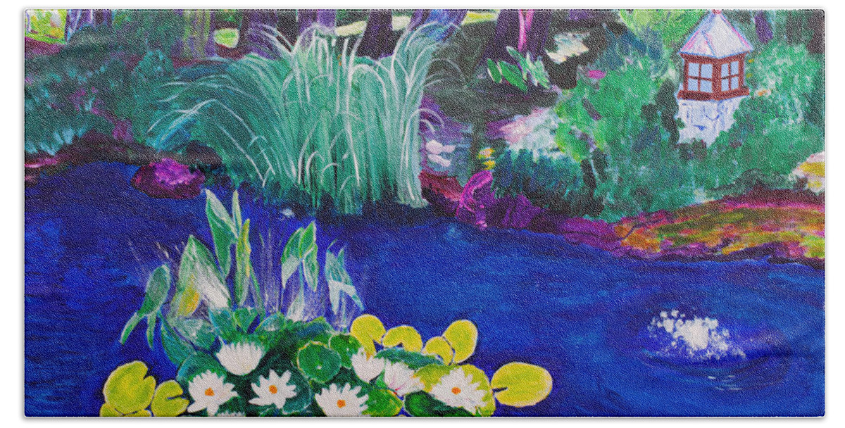 Lilies Hand Towel featuring the painting Water Lily Garden 30x30 by Santana Star