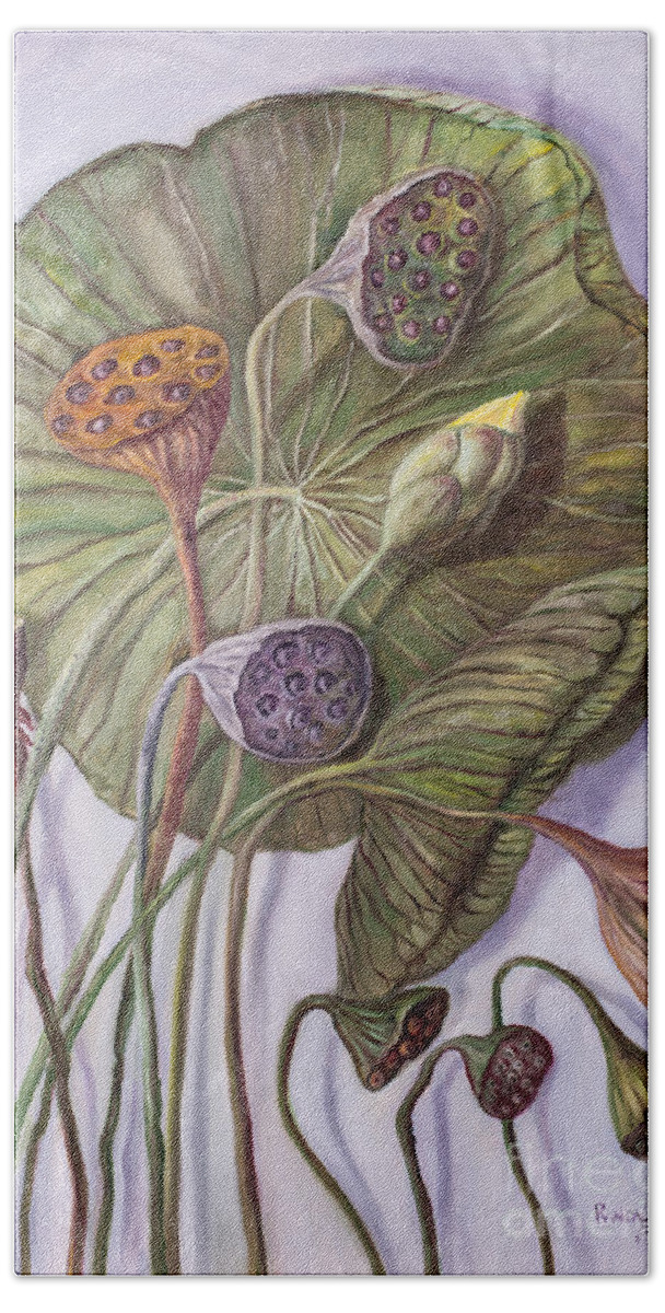 Water Lily Bath Towel featuring the painting Water Lily Seed Pods Framed By a Leaf by Rand Burns