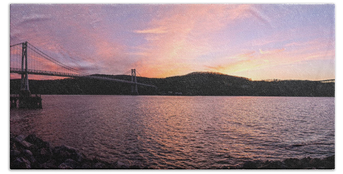 Mid Hudson Bridge Bath Towel featuring the photograph Water Sky And Bridge Dreams At Dusk by Angelo Marcialis