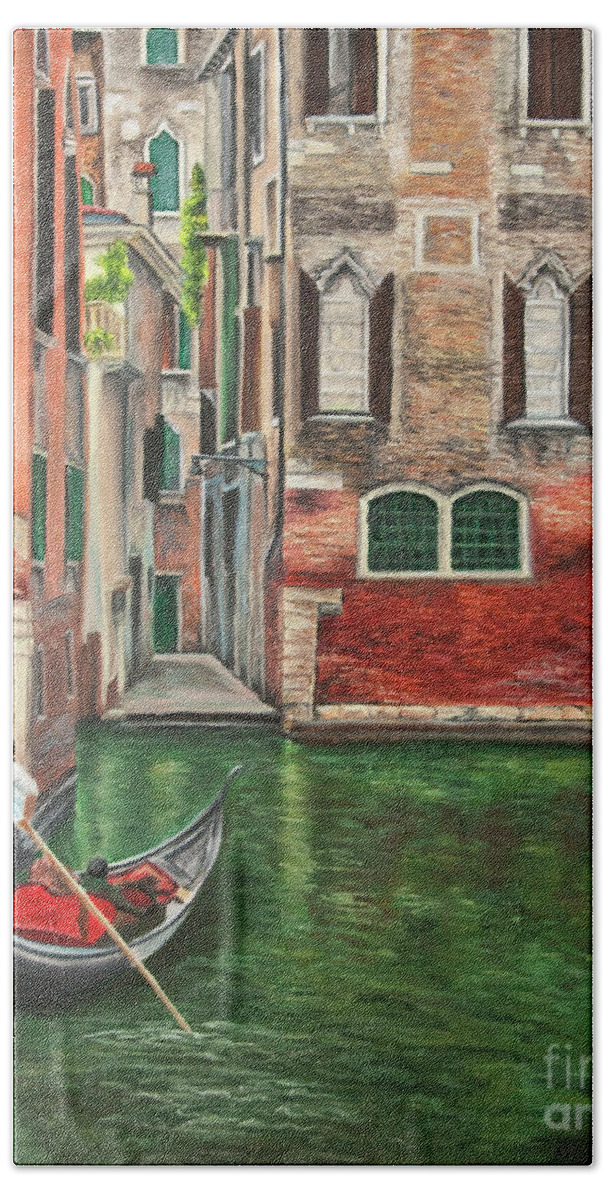 Venice Paintings Bath Towel featuring the painting Water Taxi On Venice Side Canal by Charlotte Blanchard