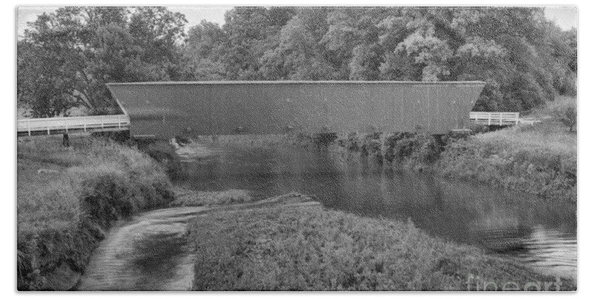 Hogback Covered Bridge Bath Towel featuring the photograph Water Under The Hogback Bridge Black And White by Adam Jewell