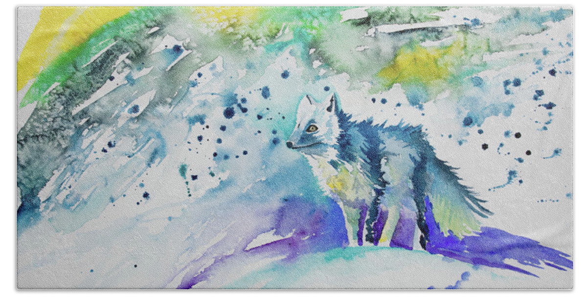 Arctic Fox Bath Towel featuring the painting Watercolor - Arctic Fox by Cascade Colors