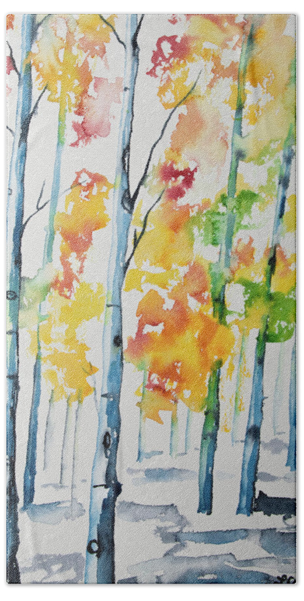Aspen Bath Towel featuring the painting Watercolor - Autumn Aspen Trees by Cascade Colors