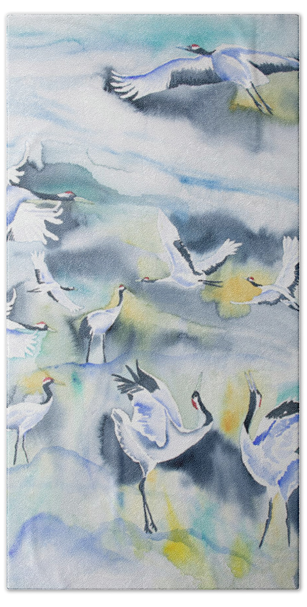 Crane Bath Towel featuring the painting Watercolor - Crane Ballet by Cascade Colors