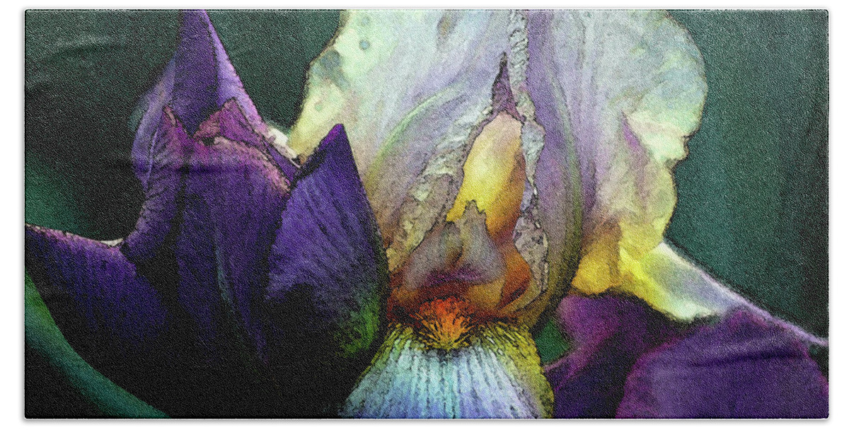Watercolor Hand Towel featuring the photograph Watercolor Cream and Purple Bearded Iris With Bud 0065 W_2 by Steven Ward
