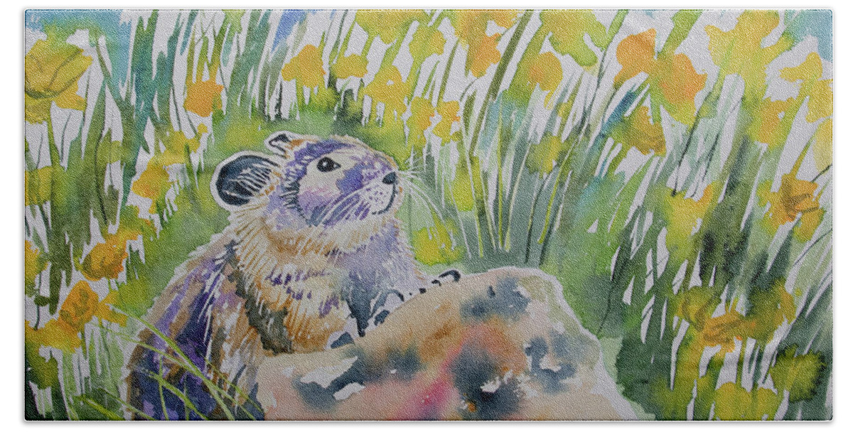 Pika Bath Towel featuring the painting Watercolor - Curious Pika by Cascade Colors