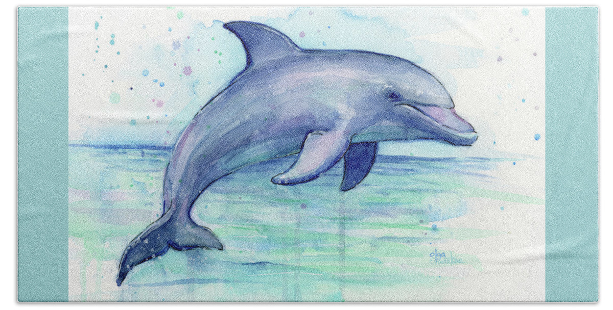 Dolphin Bath Sheet featuring the painting Watercolor Dolphin Painting - Facing Right by Olga Shvartsur