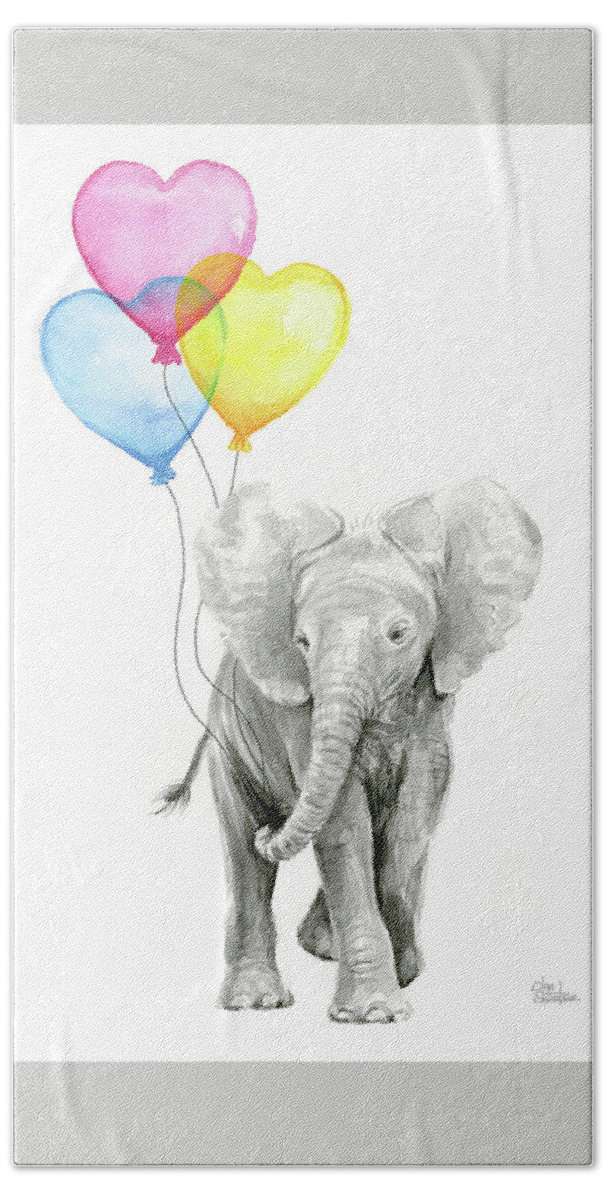 Elephant Hand Towel featuring the painting Watercolor Elephant with Heart Shaped Balloons by Olga Shvartsur