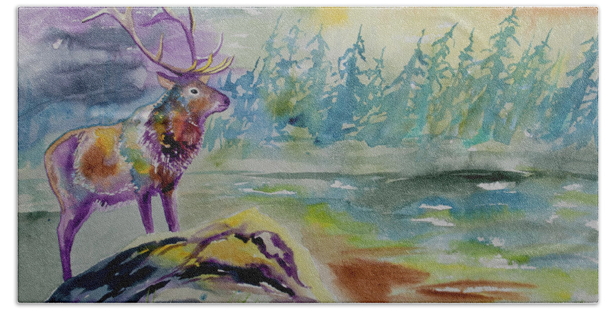 Elk Hand Towel featuring the painting Watercolor - Elk in the Rockies by Cascade Colors