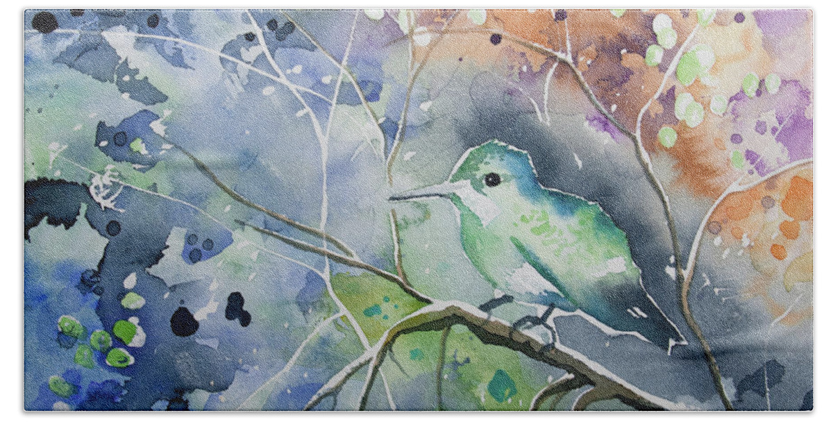 Hummingbird Bath Towel featuring the painting Watercolor - Hummingbird with Impressionistic Background by Cascade Colors