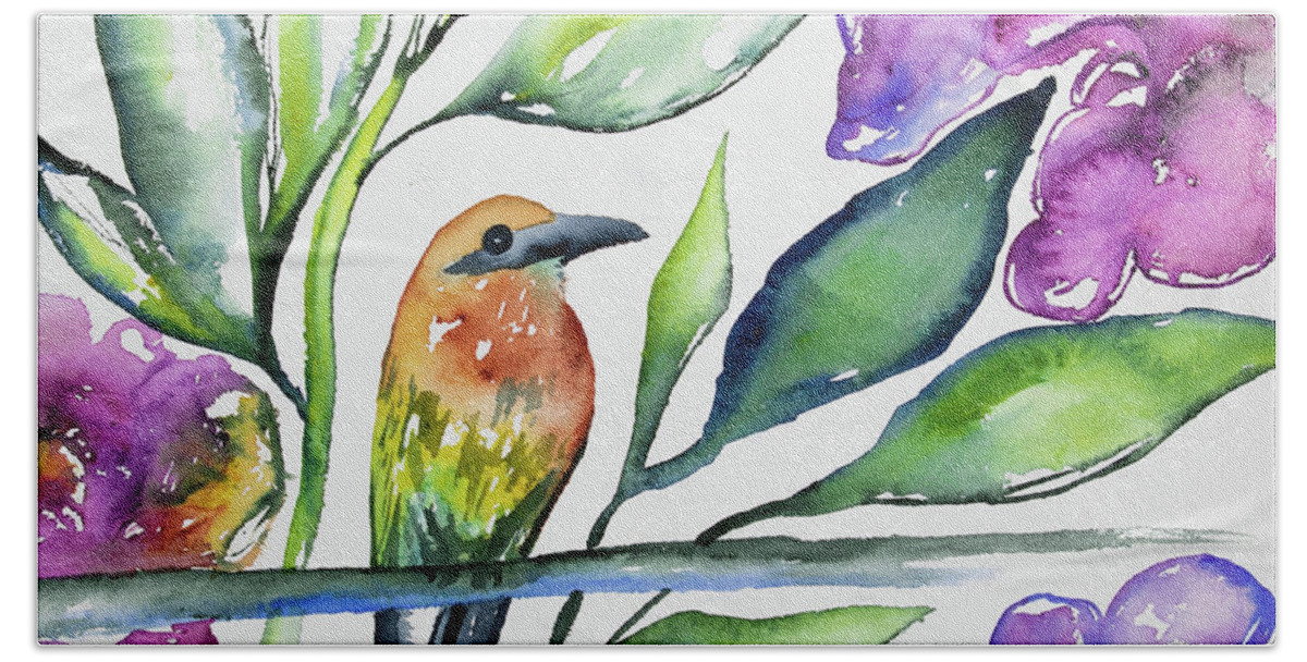 Rufous Motmot Hand Towel featuring the painting Watercolor - Rufous Motmot by Cascade Colors