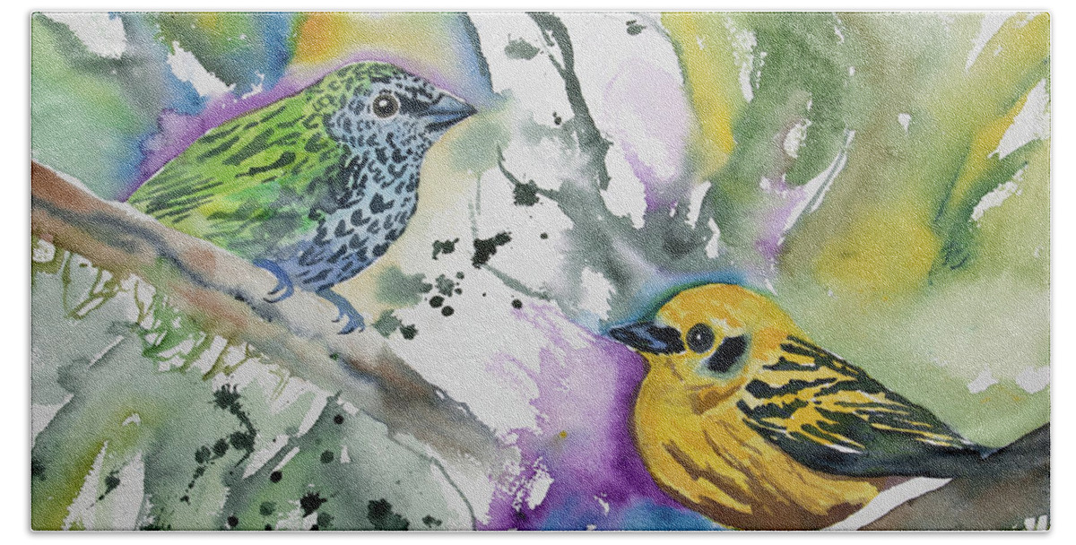 Spotted Tanager Bath Towel featuring the painting Watercolor - Spotted Tanager and Golden Tanager by Cascade Colors