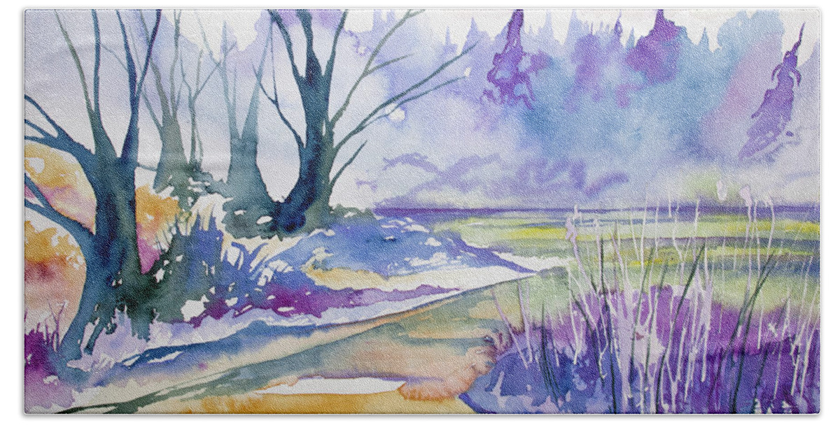 Stream Bath Towel featuring the painting Watercolor - Stream and Forest by Cascade Colors