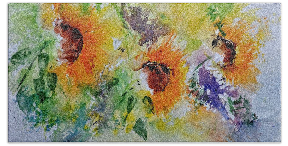 Flowers Hand Towel featuring the painting Watercolor Sunflowers by Pol Ledent