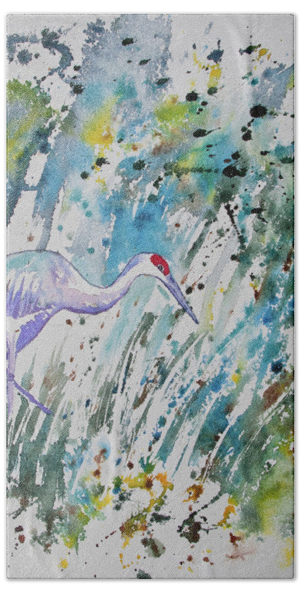 Crane Bath Towel featuring the painting Watercolor - The Crane by Cascade Colors