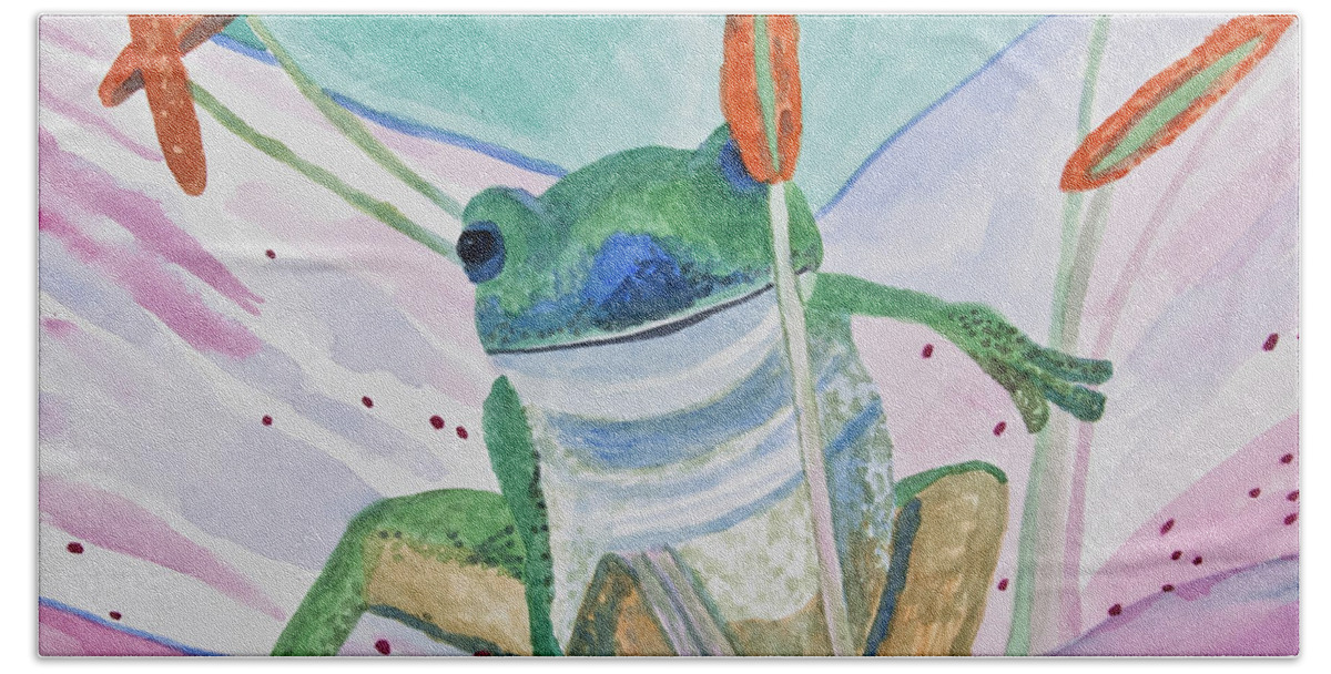 Tree Frog Hand Towel featuring the painting Watercolor - Tree Frog by Cascade Colors