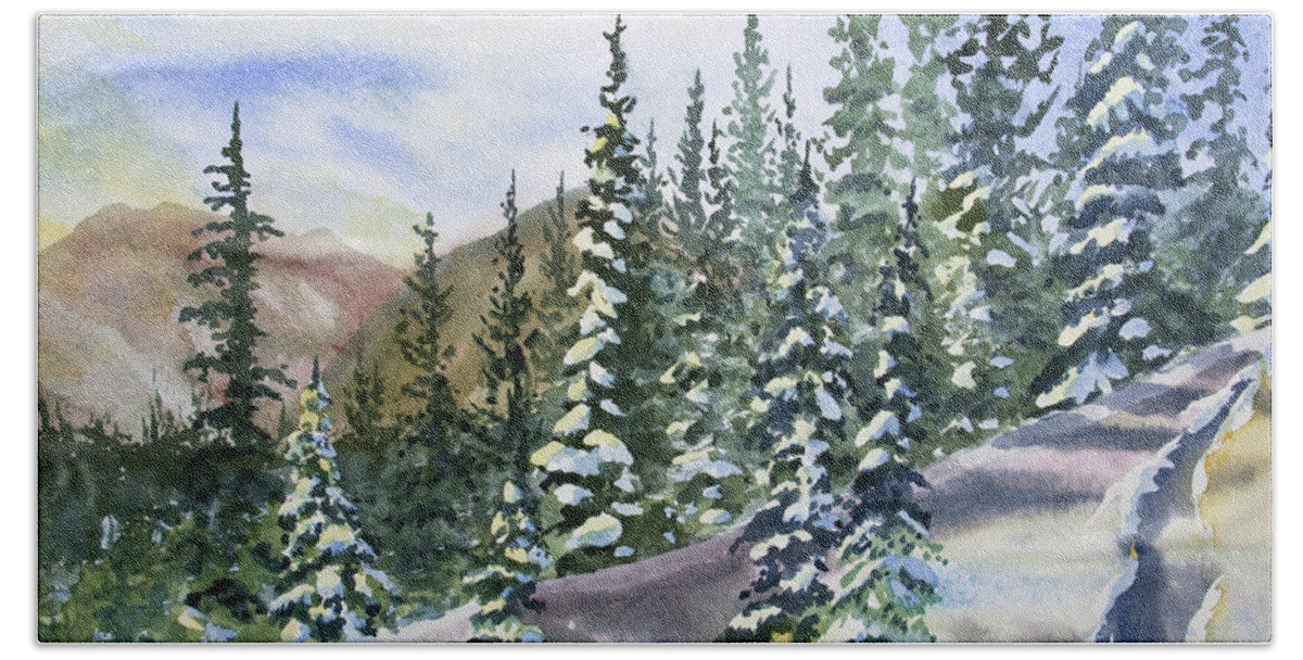 Landscape Hand Towel featuring the painting Watercolor - Winter Snow-covered Landscape by Cascade Colors