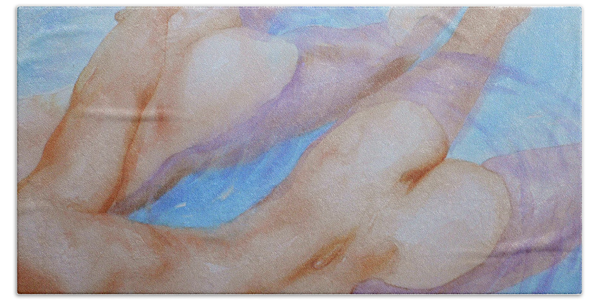 Swimming Pool Hand Towel featuring the painting Watercolour Painting Gay Interest Men In Swimming Pool #16-12-21 by Hongtao Huang