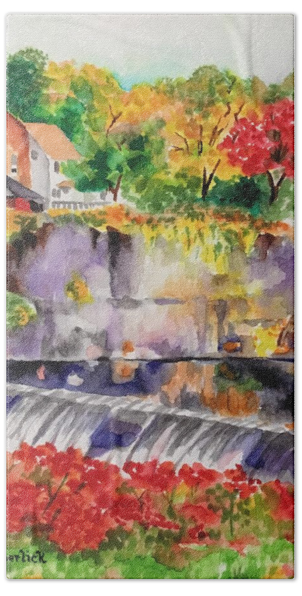 Vibrant Colors. Waterfall Bath Towel featuring the painting Waterfall at the Old Saugerties Mill by Judy Swerlick