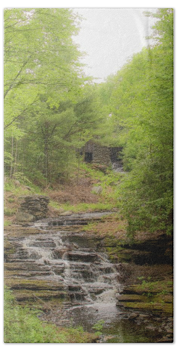 Waterfall Hand Towel featuring the photograph Waterfall Drops from Old Mill at Moore State Park by Michael Saunders