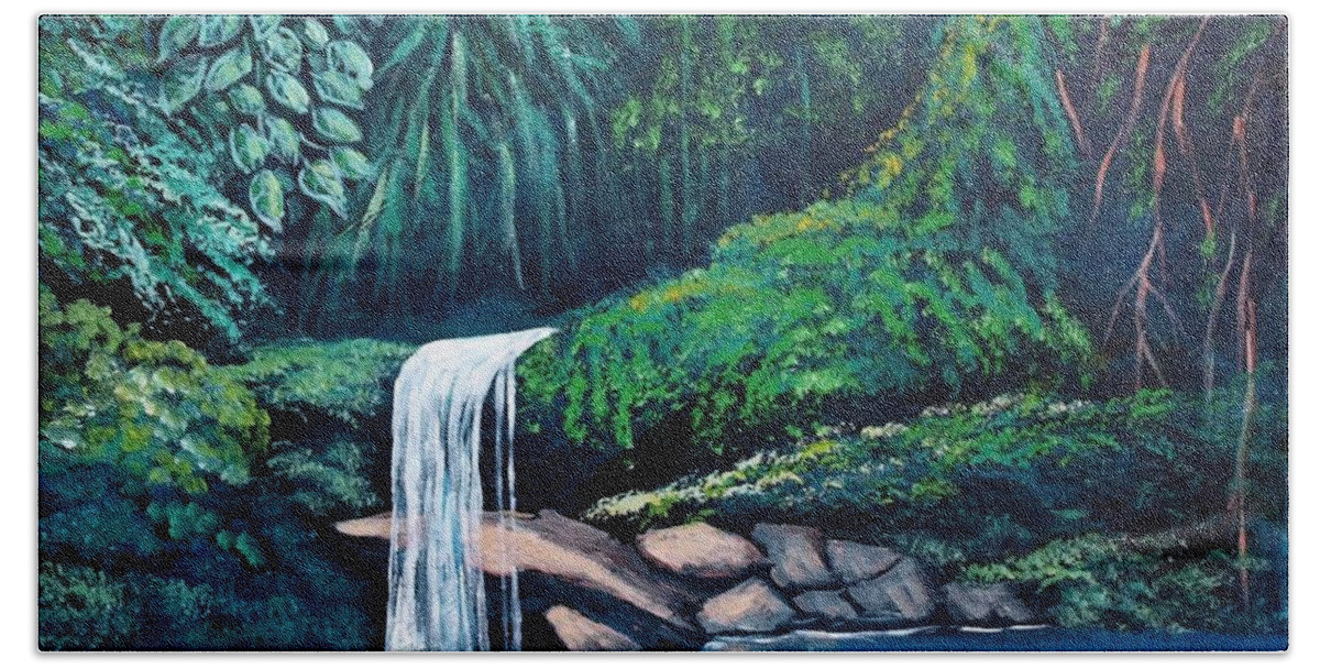 Wild Tropical Forest Hand Towel featuring the painting Waterfall in the forest by Jean Pierre Bergoeing