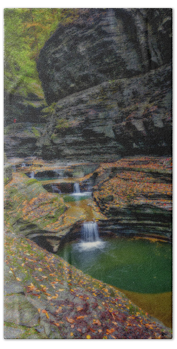 Watkins Glen Bath Towel featuring the photograph WaterFalls AT Watkins Glen State Park by Susan Candelario