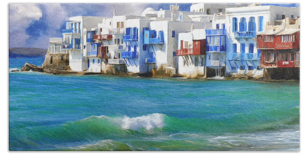 Waterfront At Mykonos Hand Towel featuring the painting Waterfront at Mykonos by Dominic Piperata