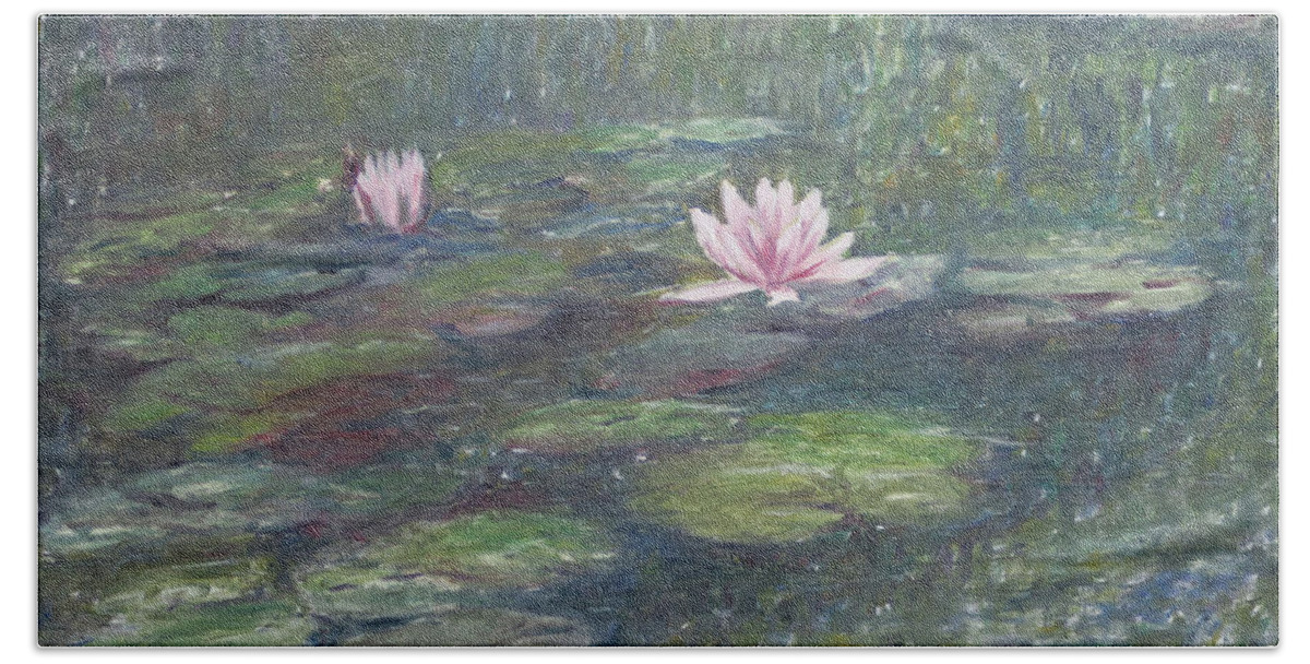 Water Lilies Bath Towel featuring the painting Gentle Flow by Milly Tseng