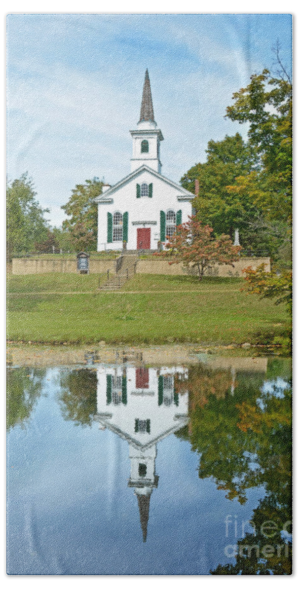 Unted Methodist Church Waterloo Village Hand Towel featuring the photograph Waterloo Church and Reflections by Regina Geoghan