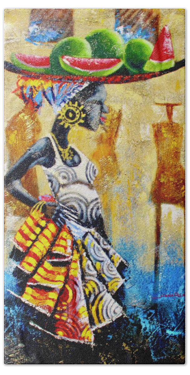 African Art Hand Towel featuring the painting Watermelon by Nana