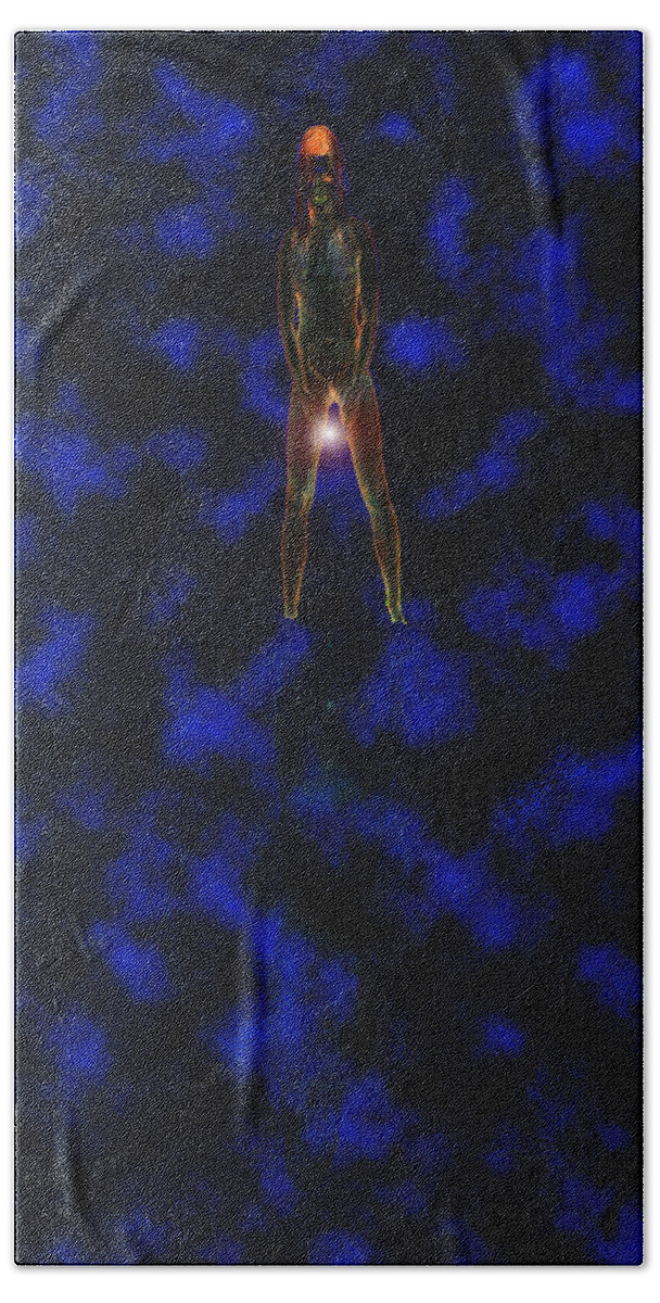 Woman Orb Star Water Reflection Glow Glowing Nude Lady Ladies Mysterious Hand Towel featuring the digital art Waters Edge by Andrea Lawrence
